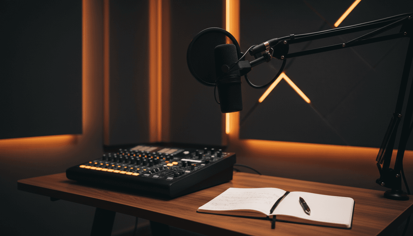 Professional podcast recording studio with suspended microphone and acoustic panels